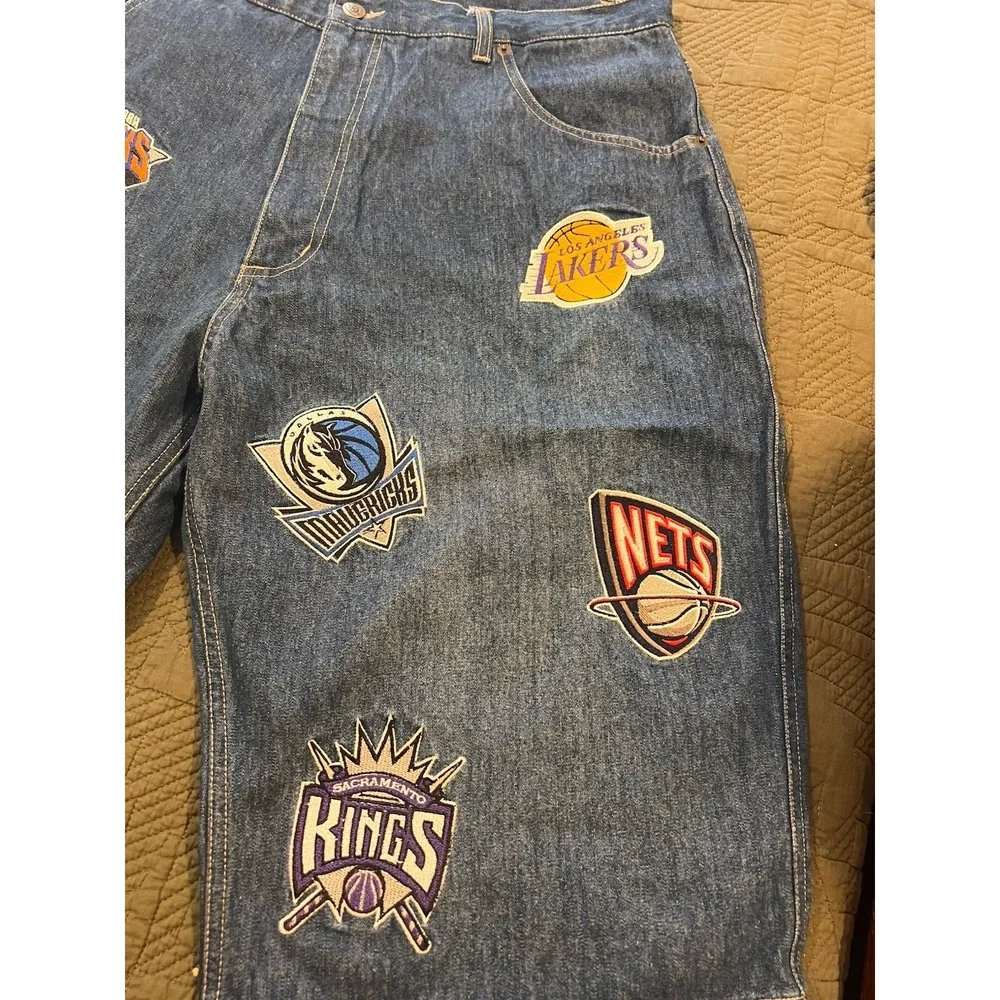 Unk NBA Blue Jean Shorts Vintage 90s Size 36 With 16 Team Patches - Picture 10 of 13